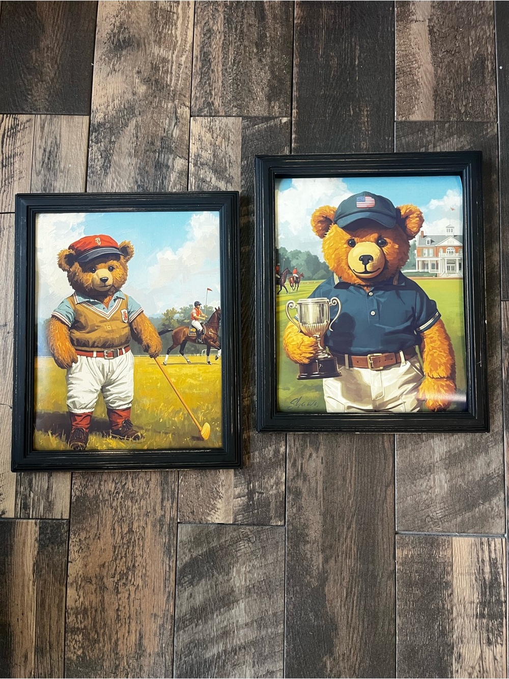 Set of 2 Vintage-Inspired Polo Bear-Style Gallery Framed Art Prints 12x16” each